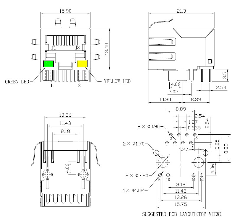 Rj45 ethernet jack with leds